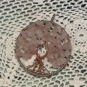 Rose Quartz Crystal Tree of Life Pendant Copper necklace or ornament hang off